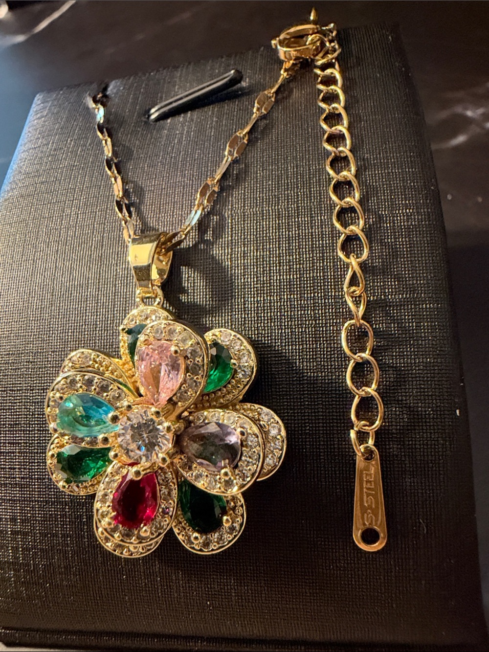 Gold Plated Flower Pendant Necklace with Emerald Green Colorful Accents